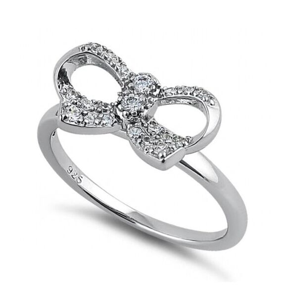 Sterling Silver Clear Bow Ribbon CZ Ring New - Picture 1 of 4